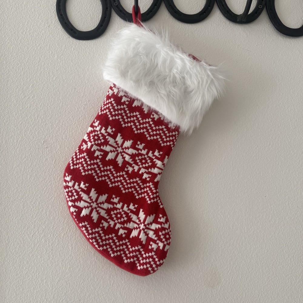Red Christmas Stocking W/ White Snowflake, knitted /Stripes Holiday Fluffy.